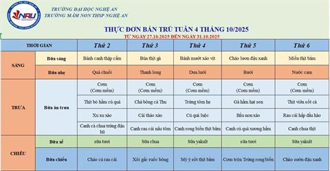 Thực đơn bán trú tuần 4 tháng 10/2025 