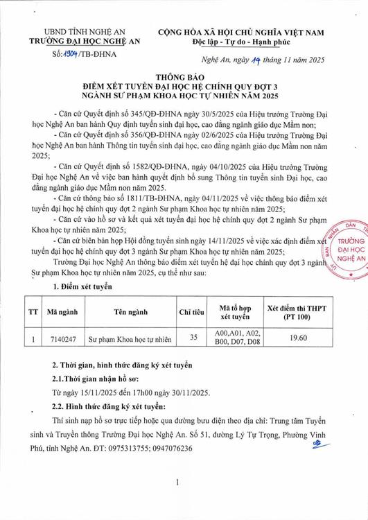 Thông báo tuyển sinh bổ sung đợt 3 hệ đại học chính quy ngành Sư phạm Khoa học Tự nhiên.