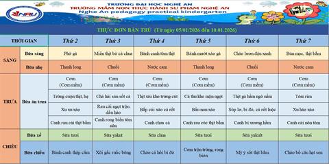 Thực đơn bán trú (Từ ngày 05/01/2026 đến ngày 10/01/2026)