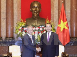 Chủ tịch nước Trần Đại Quang tiếp Chánh án Toà án tối cao Hàn Quốc Yang Sung Tae nhân chuyến thăm và làm việc tại Việt Nam. (Ảnh: Nhan Sáng/TTXVN)