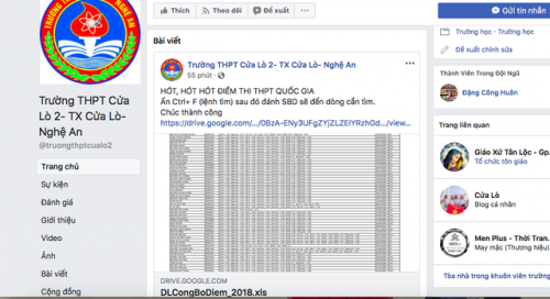 Dữ liệu về công bố điểm thi THPT quốc gia năm 2018 của học sinh Nghệ An đang được chia sẻ trên mạng xã hội.