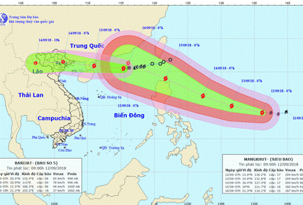 Vị trí, hướng di chuyển của bão số 5 (trái) và hình ảnh siêu bão Mangkhut