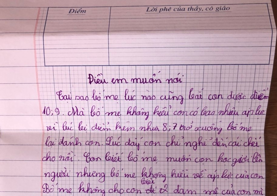 Cậu bé lớp 4 viết thư phản đối áp lực điểm 10 khiến cha mẹ lặng người